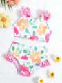 SHEIN Baby Girl Butterfly Decoration Flower Pattern Swimsuit Set, Newborn Swimwear