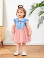 SHEIN Infant Girls' Leisure Denim-look Dress With Peter Pan Collar, Polka Dot Mesh Patchwork