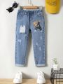 SHEIN Young Boy Bear Print Ripped Frayed Straight Leg Jeans