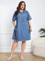 SHEIN Plus Half Button Raw Hem Denim Dress