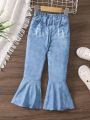 SHEIN Kids SUNSHNE Little Girls' Cartoon Printed Flared Pants Made Of Denim-Like Material