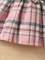 SHEIN Kids CHARMNG Young Girl Three-Piece Set Of Ladylike Jacquard Vest With Shirt And Bow Plaid Skirt