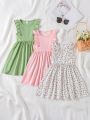 SHEIN Kids EVRYDAY Toddler Girls' 3pcs/Set Casual Cute & Comfortable Ruffle Hem Decorated Dress For Summer