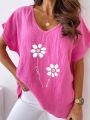 Plus Size Casual Simple Flower Print Short-Sleeved Shirt