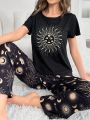 Women's Short Sleeve And Long Pants Sleepwear Set With Sun Face Print
