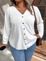 SHEIN LUNE Plus Size Button Design Long Sleeve Casual T-Shirt