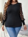 EMERY ROSE Plus Size Polka Dot Mesh Lantern Sleeve T-shirt