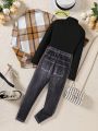 SHEIN Kids Cooltwn Tween Girl Plaid Print Coat & High Neck Tee & Pants