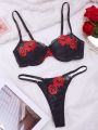 Women's Floral Embroidery Mesh Sexy Lingerie Set