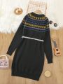 Tween Girl Geo Pattern Raglan Sleeve Sweater Dress Without Belt