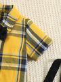 Baby Boy Plaid Print Bow Front Shirt Bodysuit & Suspender Shorts