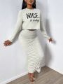 SHEIN SXY Slogan Printed Long Sleeve T-shirt And Pleated Midi Skirt 2pcs/set