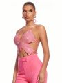 SHEIN BAE Pink Delicate Rhinestone Embellished Butterfly Shaped Backless Halter Top With Bow Tie For Nightclub, Party, Date, Summer Festival Outfits, Vintage Rave Outfits, Glitter Top, Western Coquette, Sexy