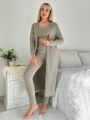 3pcs Solid Ribbed Knit Lounge Set With Robe