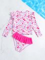 Young Girl's Floral Print Ruffle Hem Long Sleeve Two-Piece Swimsuit