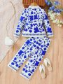 Young Girl'S Flower Printed Long Sleeve Jacket And Pants Set For Spring/Summer