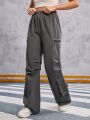 SHEIN Teen Girls' Solid Woven Zipper Pocket Pleated Cargo Pants For Casual Wear