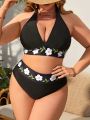 SHEIN Swim Vcay Women's Plus Size Floral Printed Halter V-neck Bikini Swimsuit Set