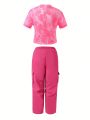 2pcs Teen Girls' Heart Print Short Sleeve T-Shirt And Utility Cargo Pants