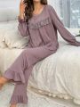 Lace Embellished Bell Sleeve Top & Pants Pajama Set