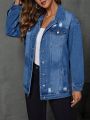 SHEIN LUNE Distressed Turn Down Collar Denim Jacket