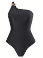 SHEIN Swim Chicsea Black One Shoulder One-piece Swimsuit