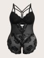 Plus Eyelash Lace Panel Cut Out Crotchless Teddy Bodysuit Without Liner