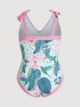 SHEIN Swim Vcay Plus Size Tropical Print One Piece Swimsuit With Knot Shoulder Design