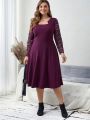 EMERY ROSE Plus Size Women's Lace Splice Long Sleeve Notched-neck Dress