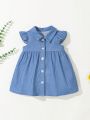 SHEIN Newborn Baby Girls' Denim-Like Fabric Short Sleeve Dress With Turn-Down Collar And Cinching Waist