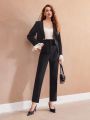 MOTF PREMIUM WOVEN WOMEN'S BUTTON HIGH WAIST FOLDED PLEATED SUIT PANTS