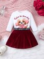 Infant Girls' Cute Dog Pattern Round Neck Long Sleeve Top And Velvet A-line Skirt Set For Spring/autumn