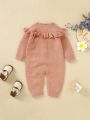 Baby Girl Ruffle Trim Button Front Raglan Sleeve Knit Jumpsuit