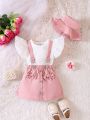 Baby Ruffle Trim Tee & Bow Front Suspender Skirt & Hat