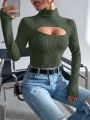 SHEIN Clasi Cut Out Front Turtleneck Ribbed Knit Bodysuit