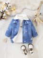 Baby Girl Borg Collar Ripped Denim Effect Teddy Lined Coat Without Sweater