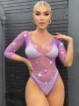 Rhinestone Studded Fishnet Teddy Bodysuit Without Liner