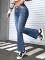 SHEIN PETITE High Waist Flared Jeans With Washed Effect
