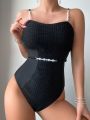 SHEIN Swim Chicsea Ladies' Fashionable One-Piece Swimsuit With Imitation Pearl Decorated Plunging Neckline Design