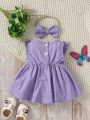 SHEIN Newborn Baby Floral Embroidery Ruffle Trim Bow Front Dress With Accessory Headband