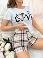 Women'S Heart And Plaid Print Milk Silk Pajamas Set