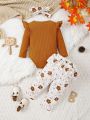 Baby Girl Autumn And Winter Letter Print Jumpsuit And Ruffled Trousers