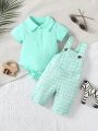 SHEIN 2pcs/Set Baby Boy Cute Plaid Print Sleeveless Outfit For Spring