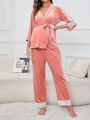 Maternity Contrast Lace Belted Velvet Robe & Pants PJ Set