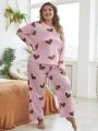 Plus Size Heart Printed Long Sleeve Pajama Set