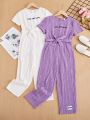 SHEIN Kids Nujoom Tween Girls' Vintage Round Neck Jumpsuit With Multiple Items In A Set