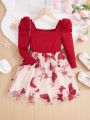 SHEIN Kids CHARMNG Little Girls' Knitted Solid Color Sweater Dress With Butterfly Embroidery And Mesh Skirt