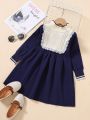 SHEIN Kids Nujoom Young Girl Mock Neck Contrast Lace Striped Trim Sweater Dress