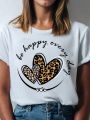 Plus Size Leopard Print Heart And Slogan Graphic Round Neck Short Sleeve T-Shirt