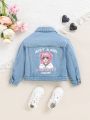 SHEIN Young Girl Cartoon Figure & Slogan Print Ripped Denim Jacket